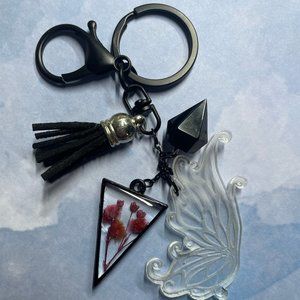 Extra Fun Chunky handmade Black Keyring Butterfly Pressed purple flowers